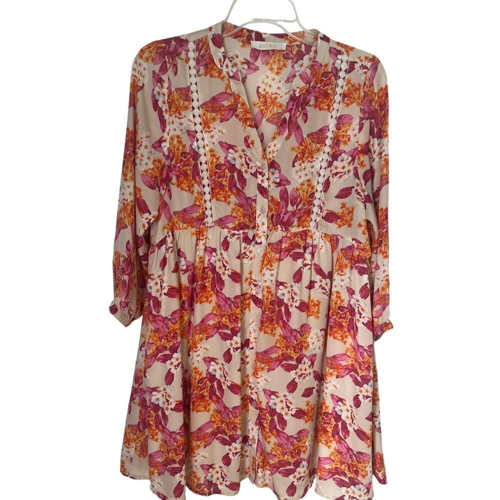 Entro In Bloom Taupe Floral Babydoll Dress sz S - Picture 2 of 9